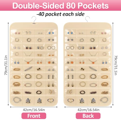 Okxiri 1 Pack Hanging Jewelry Organizer 80 Clear Pockets earring organizer and storage Accessories holder organizer for Closet Jewelries Necklace Travel - Image 3