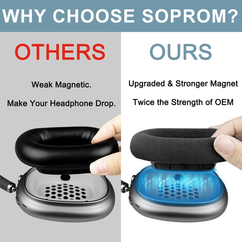 SOPROM Replacement Ear Pads for Apple Airpods Max Over-Ear Headphones, Earpads Cushions with Durable Mesh Fabric, Softer Foam and Magnet-Black - Image 3