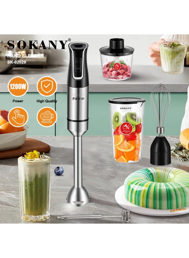 sokany 5in1 Hand Blender,1200W, 700ml Beaker, 500ml Chopping Bowl Stainless Steel Blades Anti-Slip, Perfect for Blending, Chopping, Whisking, Black and Silvery - Image 1