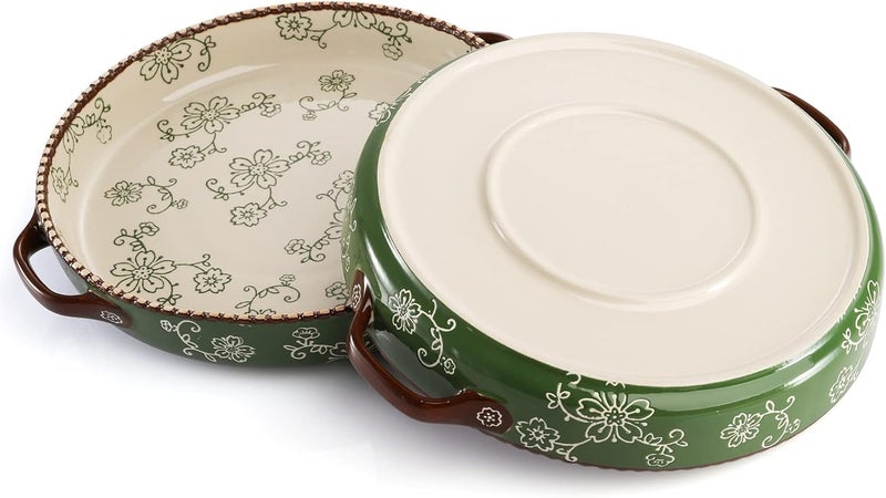 AVLA 2 Pack Ceramic Pie Pan, 9 Inch Round Baking Dish with Double Handle, 28 Ounce Deep Quiche Plate for Kitchen, Cooking, Roasting Lasagna (Sakura, Green) - Image 4