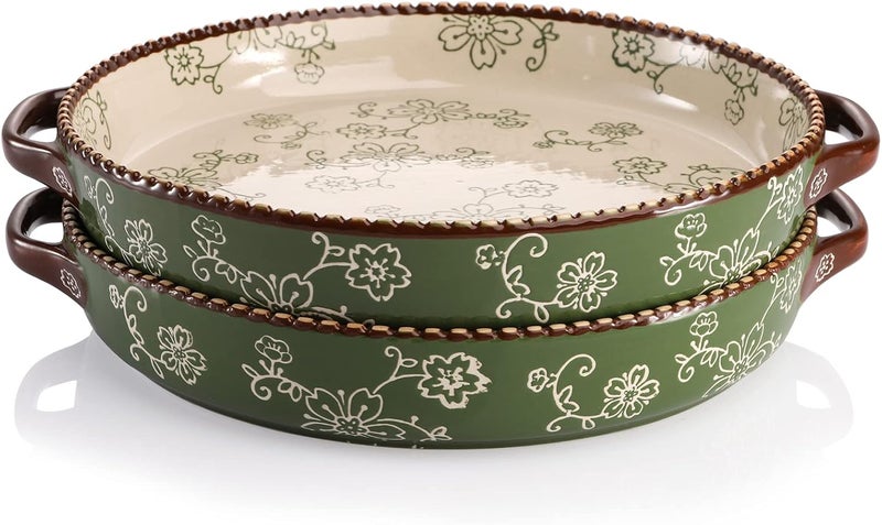 AVLA 2 Pack Ceramic Pie Pan, 9 Inch Round Baking Dish with Double Handle, 28 Ounce Deep Quiche Plate for Kitchen, Cooking, Roasting Lasagna (Sakura, Green) - Image 1