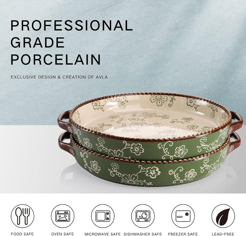 AVLA 2 Pack Ceramic Pie Pan, 9 Inch Round Baking Dish with Double Handle, 28 Ounce Deep Quiche Plate for Kitchen, Cooking, Roasting Lasagna (Sakura, Green) - Image 3