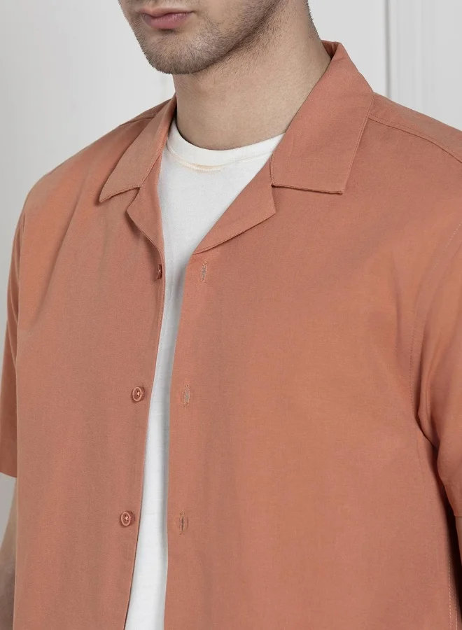 Dennis Lingo Relaxed Fit Orange Solid Cotton Jute Shirt Cuban Collar