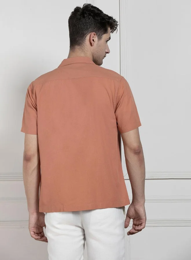 Dennis Lingo Relaxed Fit Orange Solid Cotton Jute Shirt Cuban Collar