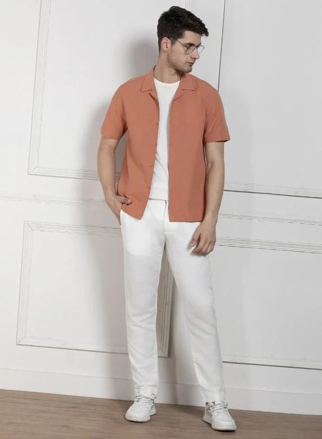 Dennis Lingo Relaxed Fit Orange Solid Cotton Jute Shirt Cuban Collar