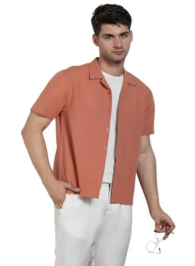 Dennis Lingo Relaxed Fit Orange Solid Cotton Jute Shirt Cuban Collar
