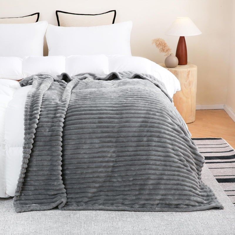 Linecooo Grey Fleece Throw Blanket 60  80  for Couch Sofa Bed Super Soft Cozy Plush Microfiber Flannel Blanket with Stripes Design Lightweight for Adults Woman Girls - Image 3
