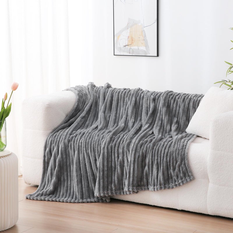 Linecooo Grey Fleece Throw Blanket 60  80  for Couch Sofa Bed Super Soft Cozy Plush Microfiber Flannel Blanket with Stripes Design Lightweight for Adults Woman Girls - Image 4