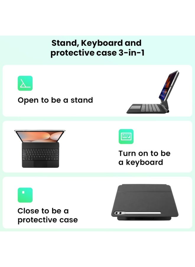 أوتشوانغ حافظة مغناطيسية بلوحة مفاتيح عربية لسامسونج جالكسي تاب S10+/S9+ بلس/S9 FE+ بلس/S8+ بلس/S7 FE/S7+ بلس، سامسونج تاب 12.4 انش، لوحة تحكم باللمس دقيقة، اضاءة خلفية 7 الوان، اسود - Image 5