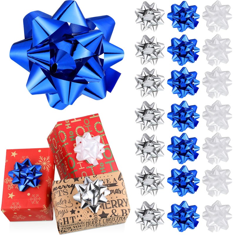Yilloog 24 Pack Christmas Bows for Gift Wrapping Ribbon Gift Bows Assorted Self Adhesive Christmas Star Ribbon for Xmas Presents and Holiday Gifts4 InchNovelty