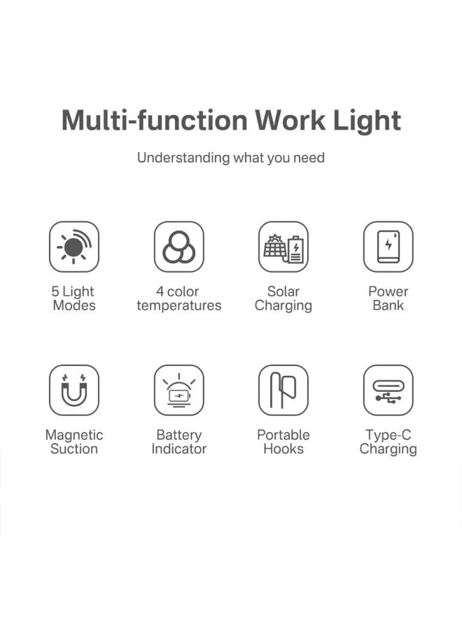 Solar LED Work Light Type-C – Magnetic & Hook Design, Multi-Function Floodlight for Camping, Outdoor, and Work, 3600 mAh Battery - Image 2