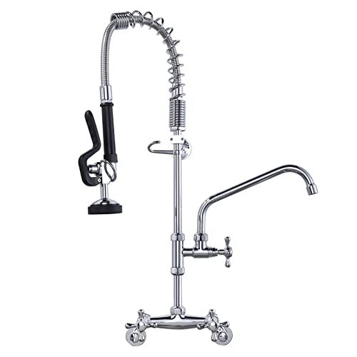 iVIGA 26" Height Commercial Kitchen Faucet Wall Mount with Pre-Rinse Sprayer, 4" to 9" Adjustable Center with Humanized Handle Design & 10" Add-on Swing Spout Faucet & Coiled Spring Pull Down Spray - Image 1