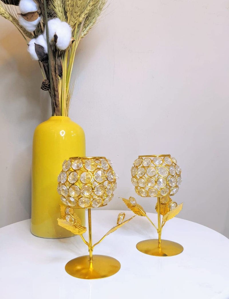 Quace Crystal Flower Gold Glass TeaLight Holder Pack of 2 - Image 3
