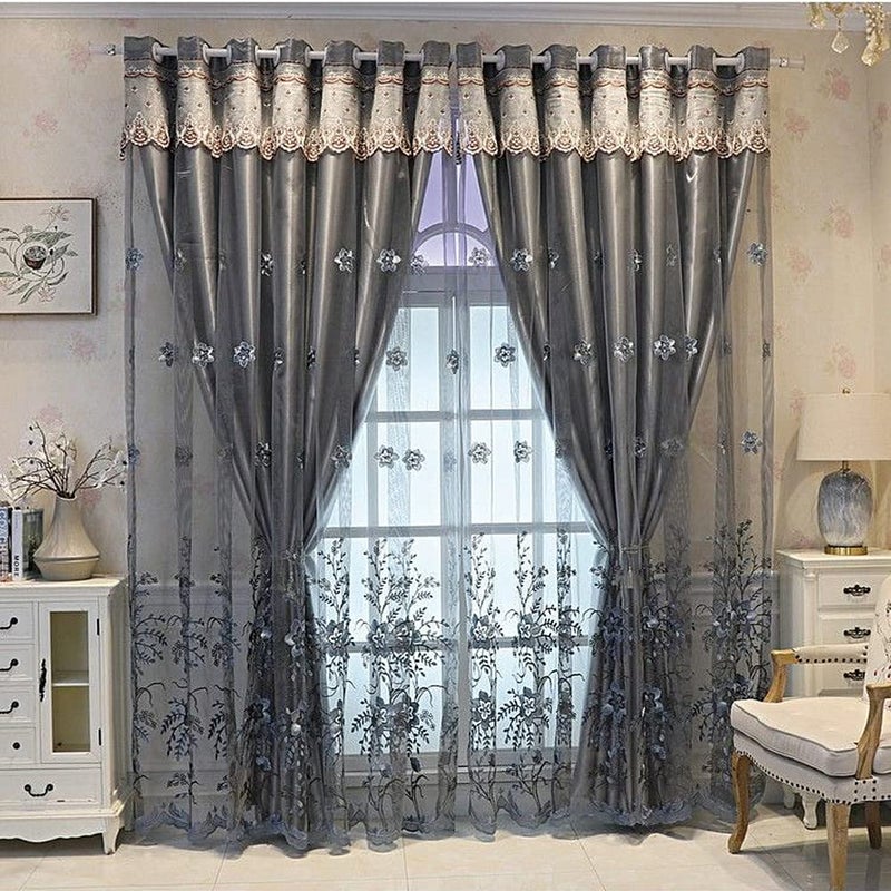 Amidoudou 1 Pair European Double Layer Curtains for Living Room Bedroom Luxury Flower Embroidered Curtains with Valance (Grey,52x96 Inch) - Image 2