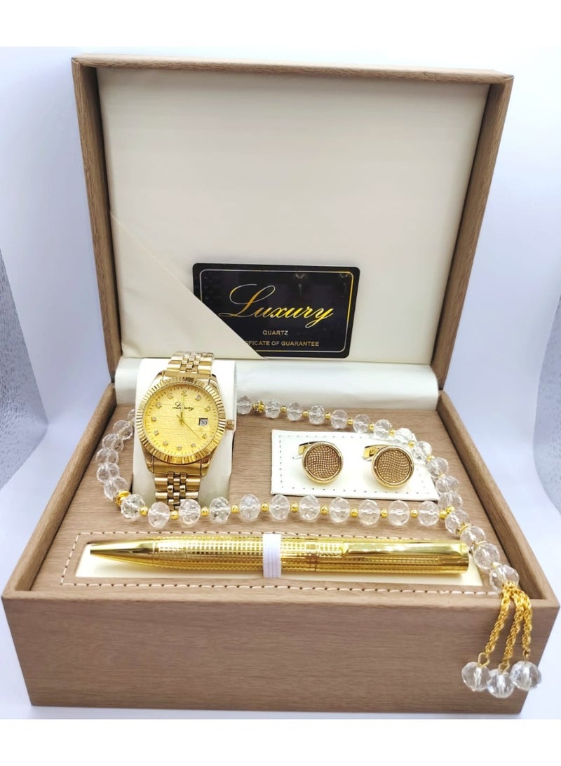لكجر طقم هدية ساعة رجالية راقية و بجودة عالية ساعة, وقلم, وسبحة, وكبك, سوار ذهبي مع ميناء ذهبي