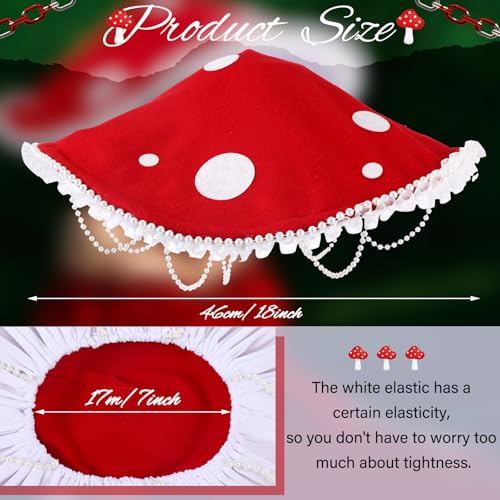 Croloose Mushroom Hat Renaissance Medieval Costume Cosplay Halloween Victorian Fairy Accessories with Bead Lace Brim Cap(Red) - Image 2
