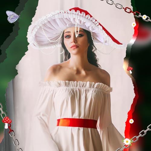Croloose Mushroom Hat Renaissance Medieval Costume Cosplay Halloween Victorian Fairy Accessories with Bead Lace Brim Cap(Red) - Image 5