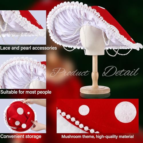 Croloose Mushroom Hat Renaissance Medieval Costume Cosplay Halloween Victorian Fairy Accessories with Bead Lace Brim Cap(Red) - Image 3