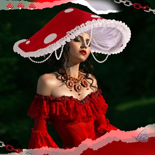 Croloose Mushroom Hat Renaissance Medieval Costume Cosplay Halloween Victorian Fairy Accessories with Bead Lace Brim Cap(Red) - Image 4
