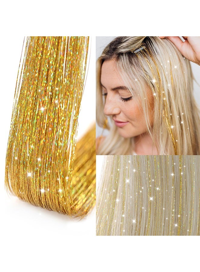 Gold Hair Tinsel Packs of 12Pcs Clip in Hair Tinsel Kit 20.5 inch Fairy Hair Tinsel Heat Resistant for Women Girls Glitter Hair Extensions for   Cosplay Party (Golden) - Image 2