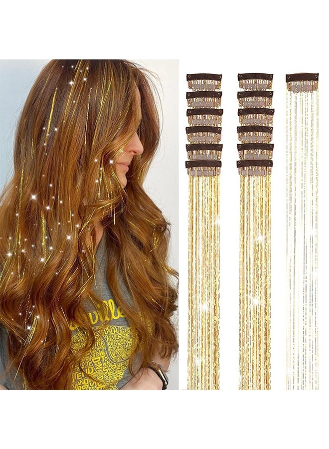 Gold Hair Tinsel Packs of 12Pcs Clip in Hair Tinsel Kit 20.5 inch Fairy Hair Tinsel Heat Resistant for Women Girls Glitter Hair Extensions for   Cosplay Party (Golden) - Image 1