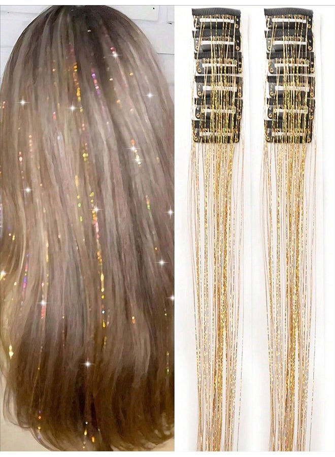 Gold Hair Tinsel Packs of 12Pcs Clip in Hair Tinsel Kit 20.5 inch Fairy Hair Tinsel Heat Resistant for Women Girls Glitter Hair Extensions for   Cosplay Party (Golden) - Image 5