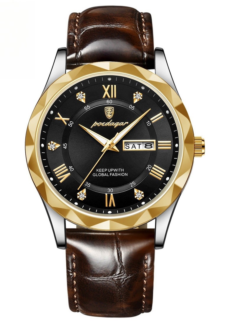 Luxury Men's Watch with Leather Strap, Sapphire Crystal Glass, Luminous, Waterproof, and Calendar Feature