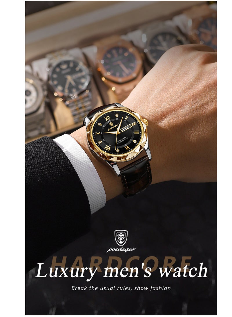 Luxury Men's Watch with Leather Strap, Sapphire Crystal Glass, Luminous, Waterproof, and Calendar Feature