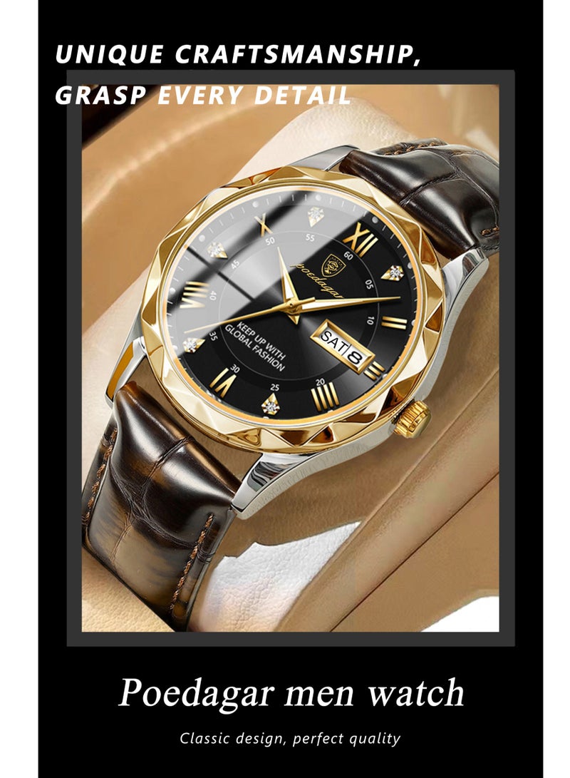 Luxury Men's Watch with Leather Strap, Sapphire Crystal Glass, Luminous, Waterproof, and Calendar Feature