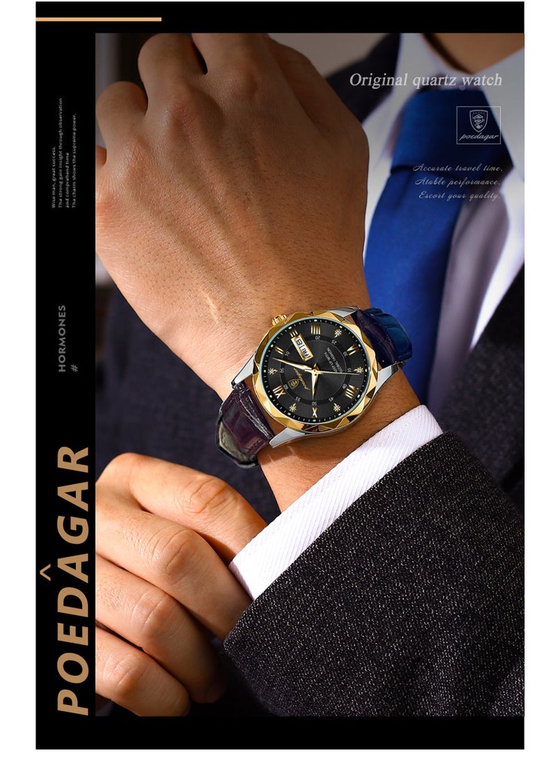Luxury Men's Watch with Leather Strap, Sapphire Crystal Glass, Luminous, Waterproof, and Calendar Feature