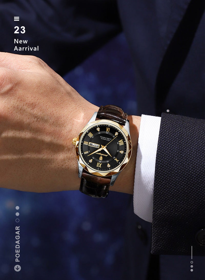 Luxury Men's Watch with Leather Strap, Sapphire Crystal Glass, Luminous, Waterproof, and Calendar Feature