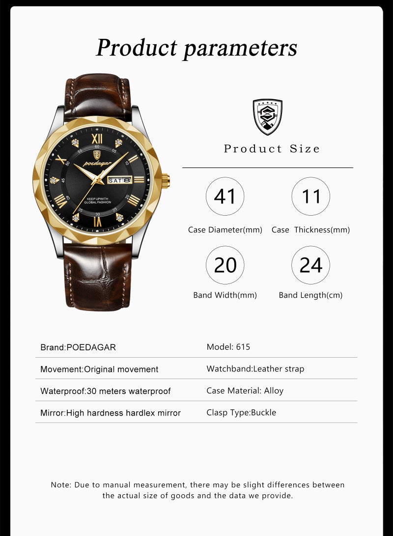 Luxury Men's Watch with Leather Strap, Sapphire Crystal Glass, Luminous, Waterproof, and Calendar Feature