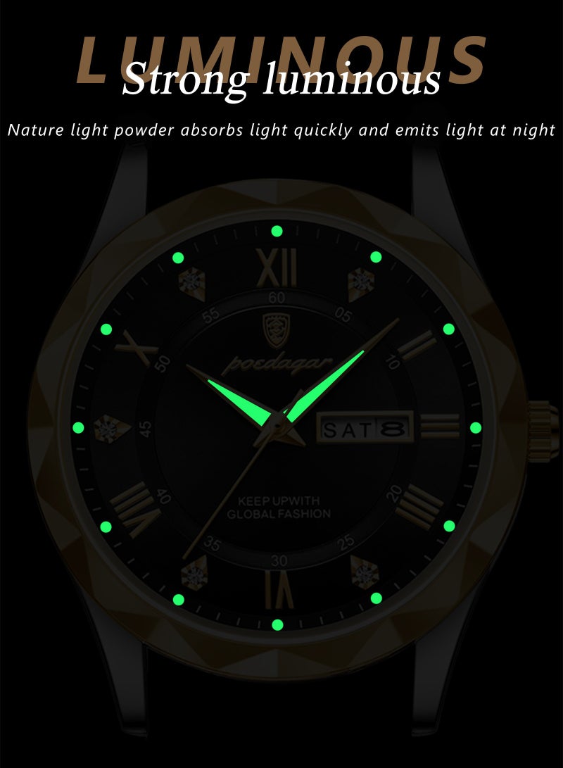 Luxury Men's Watch with Leather Strap, Sapphire Crystal Glass, Luminous, Waterproof, and Calendar Feature