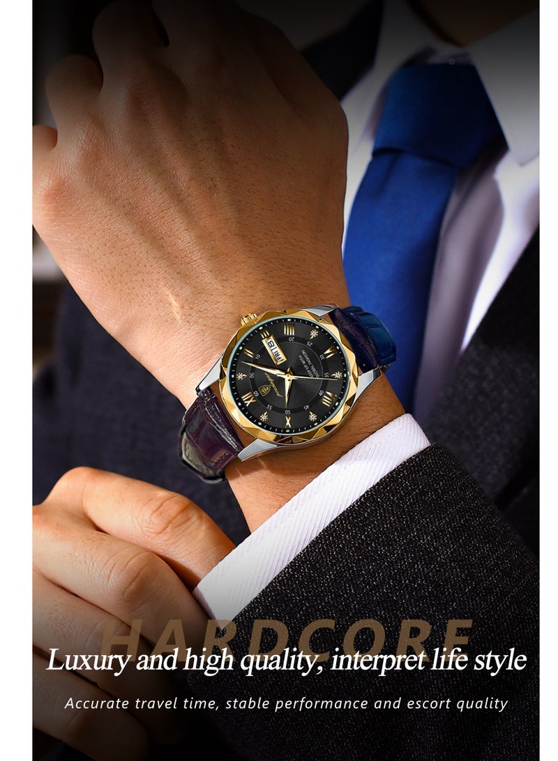 Luxury Men's Watch with Leather Strap, Sapphire Crystal Glass, Luminous, Waterproof, and Calendar Feature