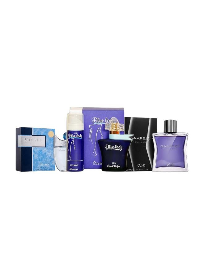 Rasasi Daarej Perfume for Men EDP 100ml, Blue Lady EDP Perfume with Free Deodorant Spray 40/50ml, and Royale Blue EDP Perfume for Men 75ml  - Image 1