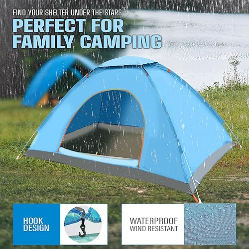 Hacer Camping Automatic Tent for 3 Person 2 Doors 210D+170T Fabric Lightweight Backpacking Waterproof Windproof Portable Cabin for 2 to 3 Persons Suitable for Hiking (Multicolor, 1 PC) - Image 5