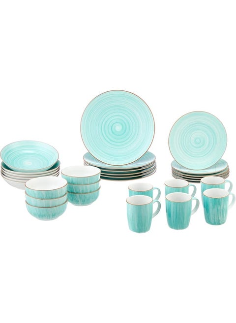 Zinnia By Fathy Mahmoud Porcelain Art Folio Turquoise Coup Dinnerware Set 30 Pieces (6 Dessert Plates, 6 Soup Plates, 6 Dinner Plates, 6 Bowls,6 mugs)