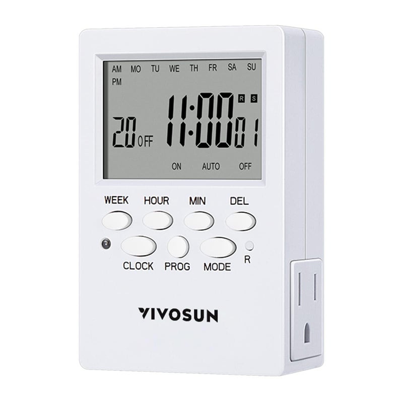 VIVOSUN 7 Day Programmable Digital Timer with Dual Outlet 20 OnOff UL Listed Heavy Duty Plugin Outlet Timer with Countdown Setting Indoor for Lamp Fan Heater Humidifiers Aquarium 1 Pack