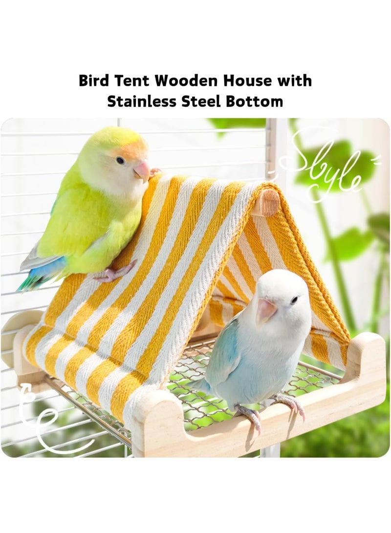 Bird Tent with Wooden House & Stainless Steel Bottom – Cozy Cotton Hideaway for Parakeets, Lovebirds, Cockatiels, Conures & Budgies (Yellow) - Image 2
