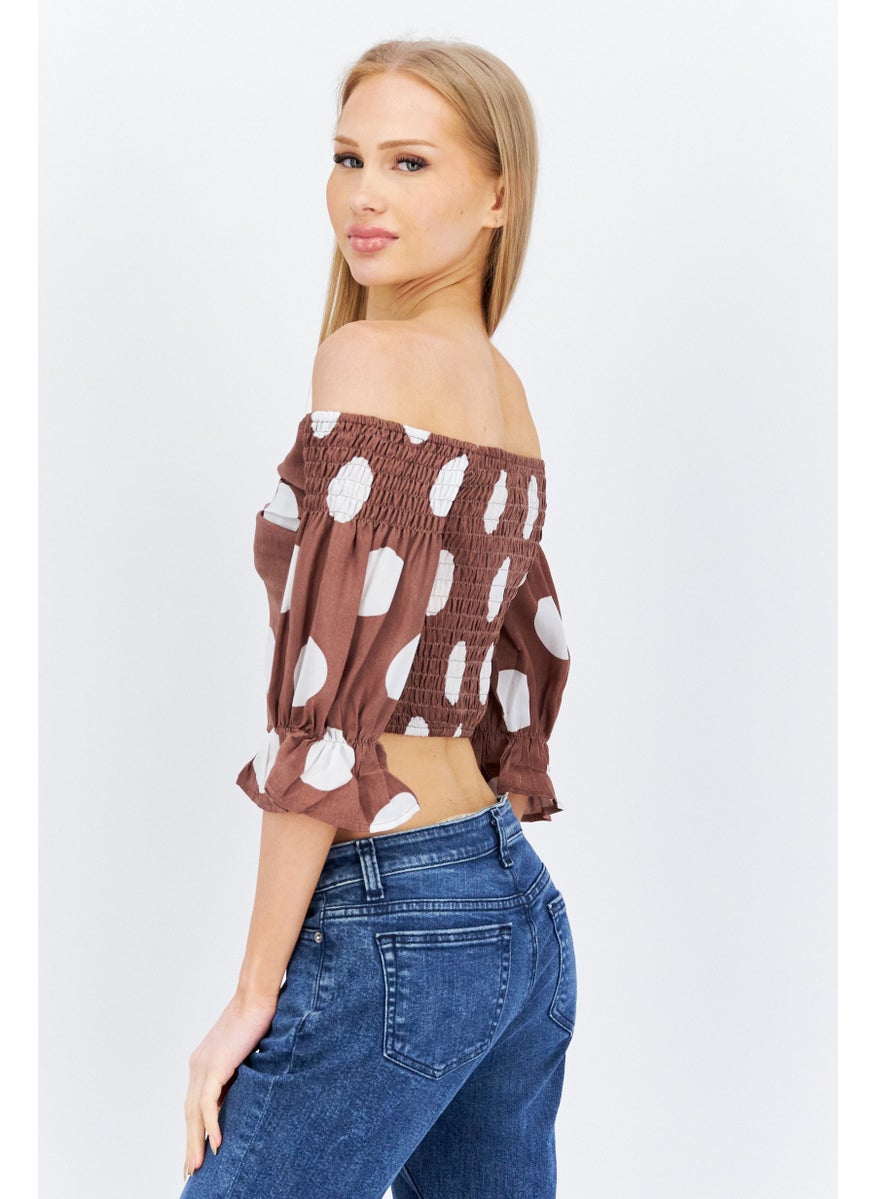 Outrageous Fortune Women Off Shoulder Puffed Sleeves Polka Dots Crop Top, Brown  - Image 3