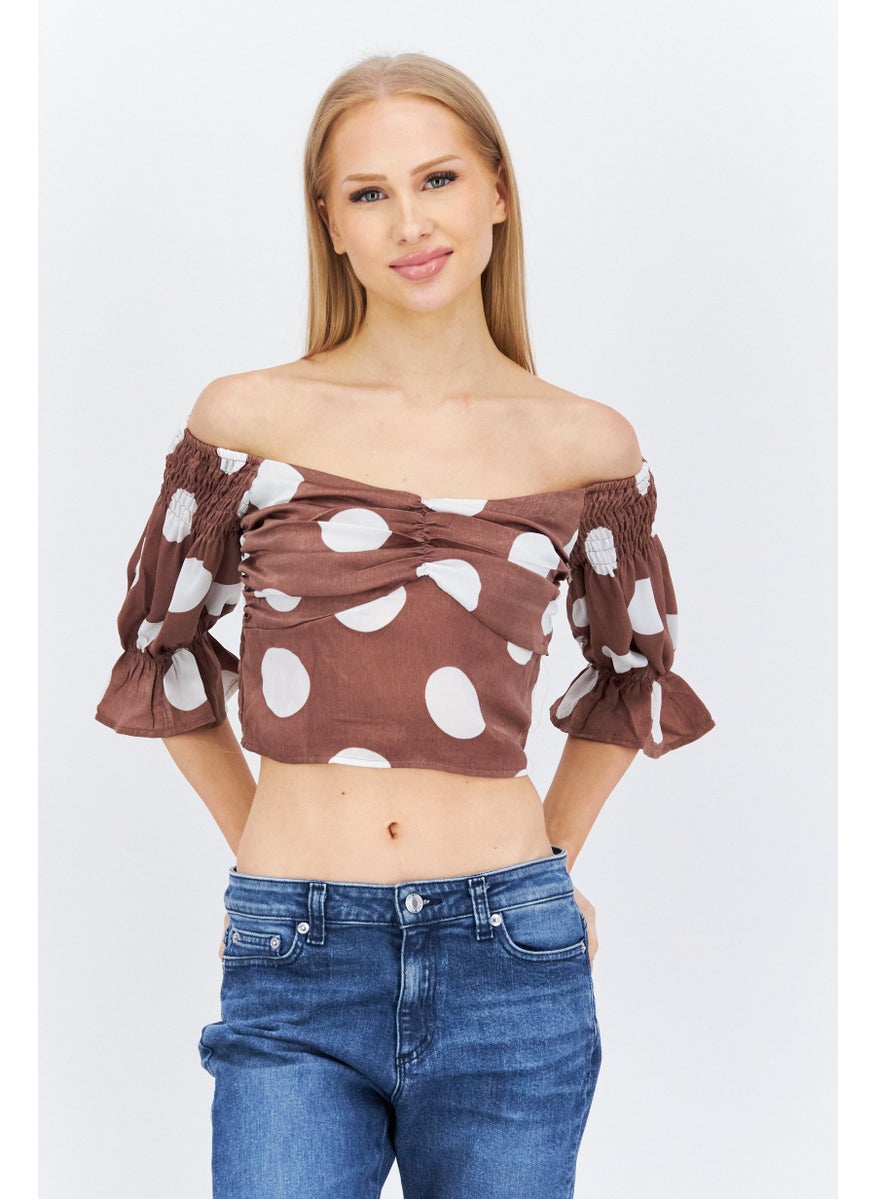 Outrageous Fortune Women Off Shoulder Puffed Sleeves Polka Dots Crop Top, Brown  - Image 1