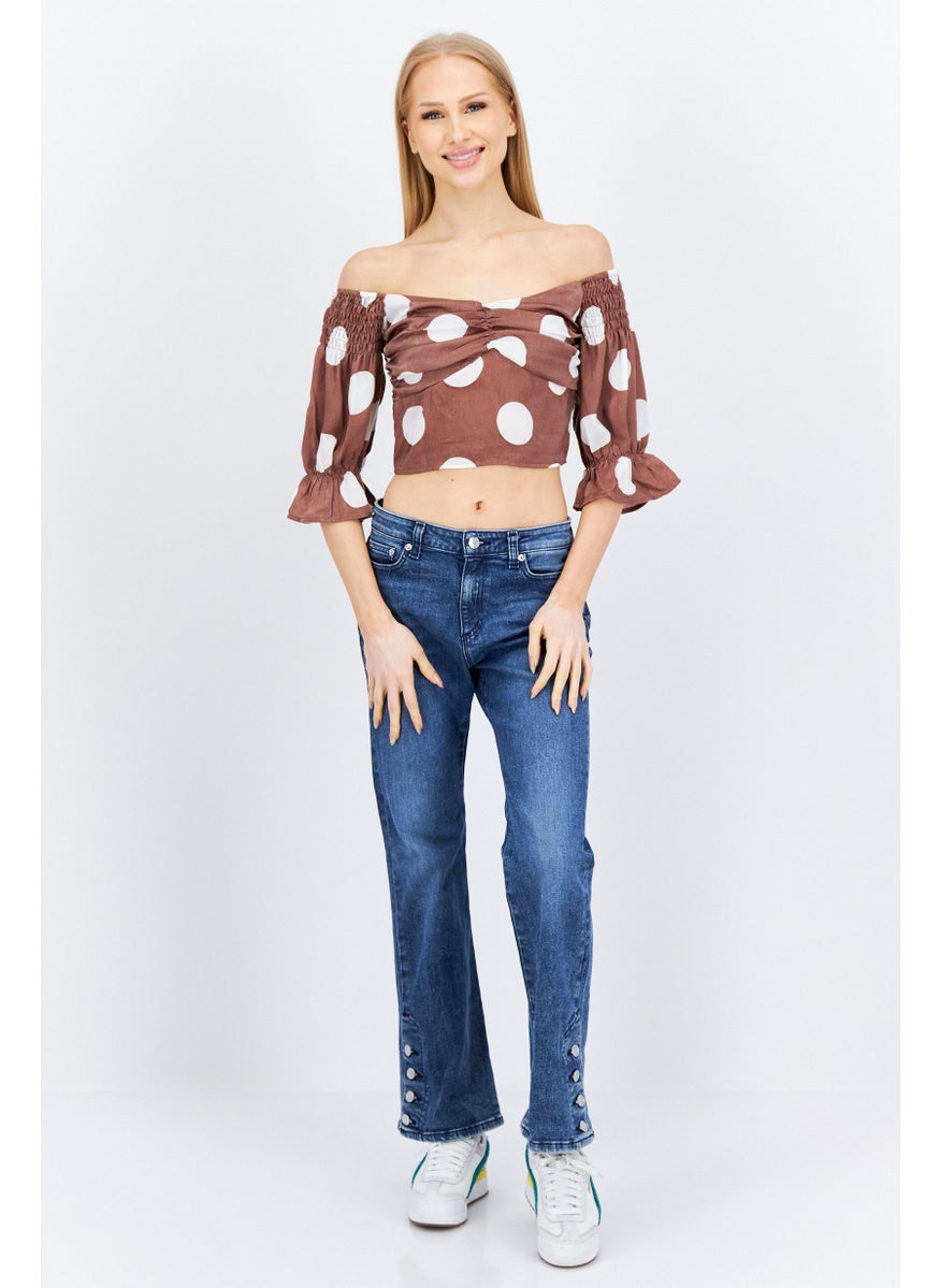 Outrageous Fortune Women Off Shoulder Puffed Sleeves Polka Dots Crop Top, Brown  - Image 4