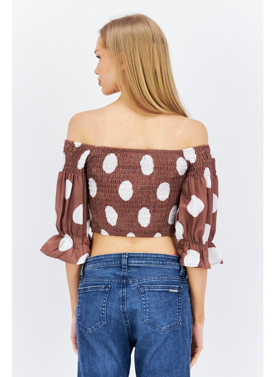 Outrageous Fortune Women Off Shoulder Puffed Sleeves Polka Dots Crop Top, Brown  - Image 2