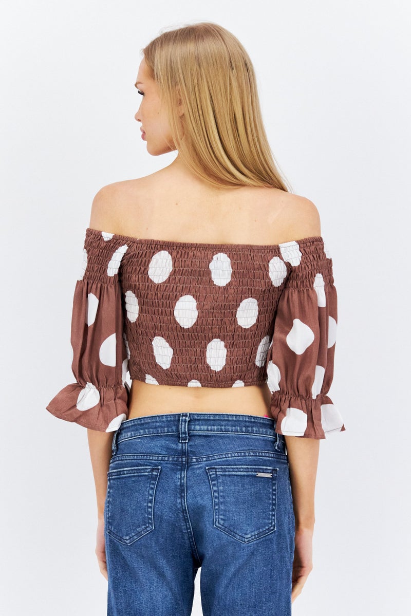 Outrageous Fortune Women Off Shoulder Puffed Sleeves Polka Dots Crop Top, Brown - Image 2
