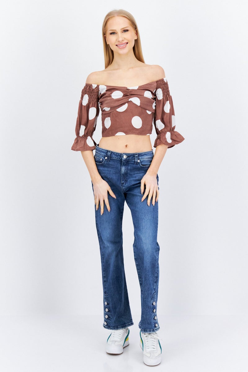 Outrageous Fortune Women Off Shoulder Puffed Sleeves Polka Dots Crop Top, Brown - Image 4