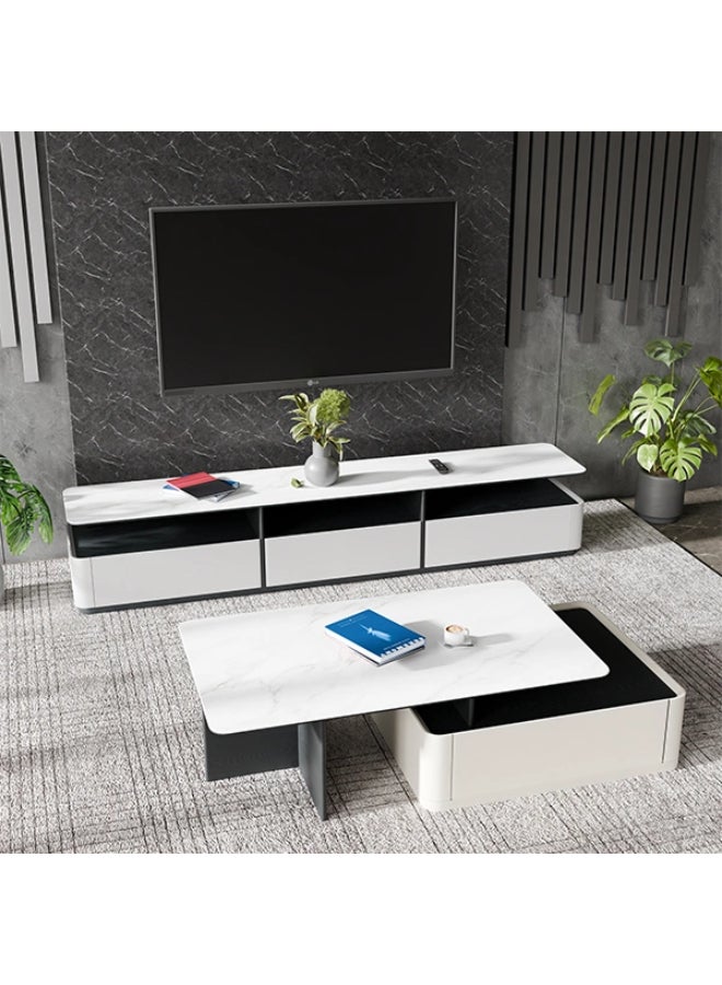 NEO FRONT FURNITURE TV Unit – White Marble Top with Wooden Base, 3-Drawer Luxury Modern TV Stand for Living Room & Home Décor (220 x 42 x 40 cm) T376  - Image 3