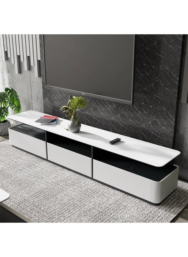 NEO FRONT FURNITURE TV Unit – White Marble Top with Wooden Base, 3-Drawer Luxury Modern TV Stand for Living Room & Home Décor (220 x 42 x 40 cm) T376  - Image 1
