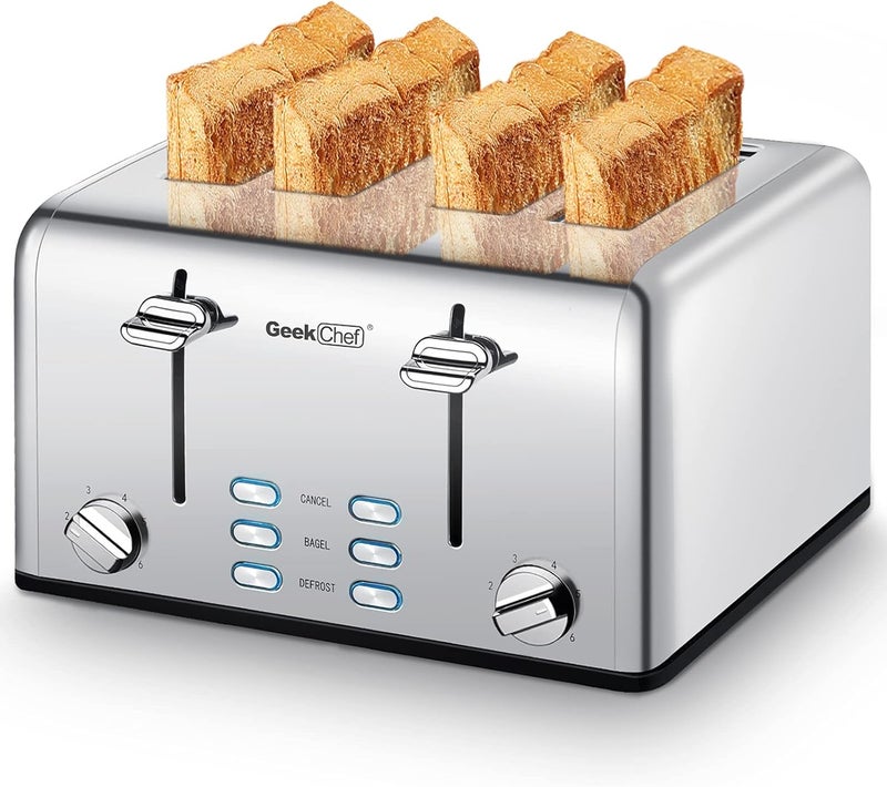 Geek Chef محمصة 4 شريحة، محمصة من الفولاذ المقاوم للصدأ مع فتحات عريضة إضافية ولوحات تحكم مزدوجة لوظائف الخبز/إذابة الثلج/إلغاء، 6 إعدادات لدرجة تحميص الخبز، صواني فتات قابلة للإزالة، نظام رفع تلقائي. - Image 1