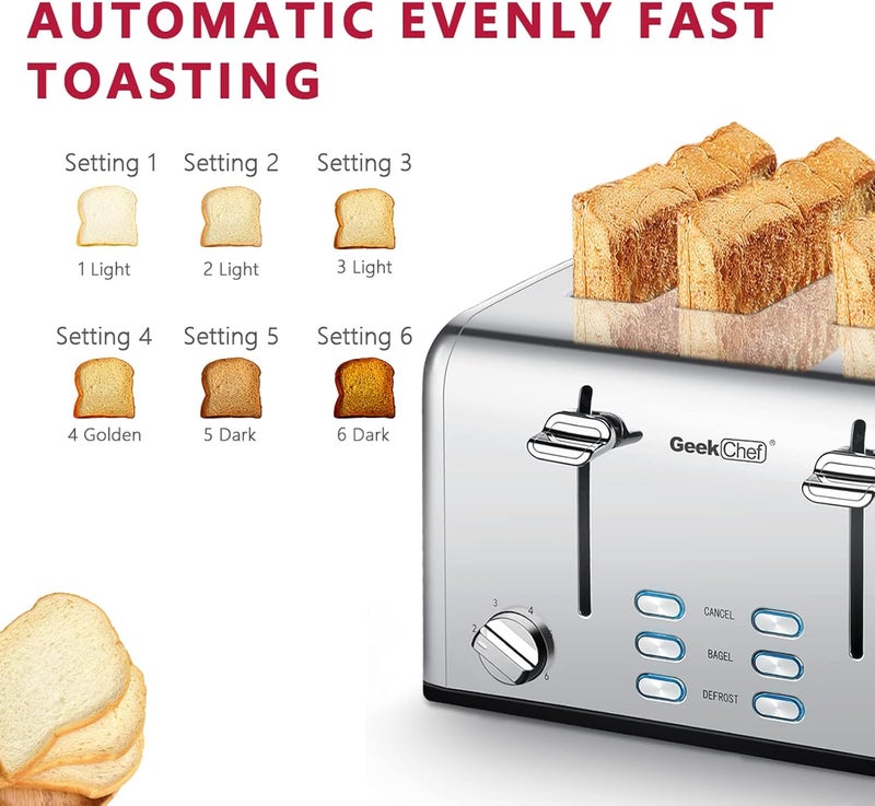 Geek Chef محمصة 4 شريحة، محمصة من الفولاذ المقاوم للصدأ مع فتحات عريضة إضافية ولوحات تحكم مزدوجة لوظائف الخبز/إذابة الثلج/إلغاء، 6 إعدادات لدرجة تحميص الخبز، صواني فتات قابلة للإزالة، نظام رفع تلقائي. - Image 3