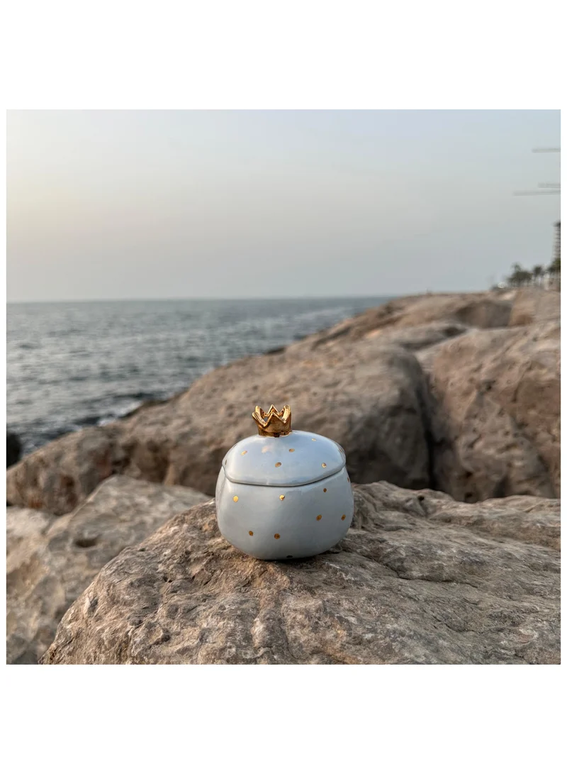 Tohfa Luxe Tohfa Luxe Handmade Annar Bowl with Lid – Grey Ceramic with Real Gold Dots, 10 x 11 cm, Single Decorative Storage & Serveware Piece